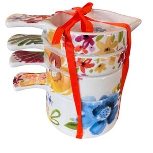 Floral Ceramic Measuring Cups Set Butterfly Nesting Hand Painted Cottage Set 4